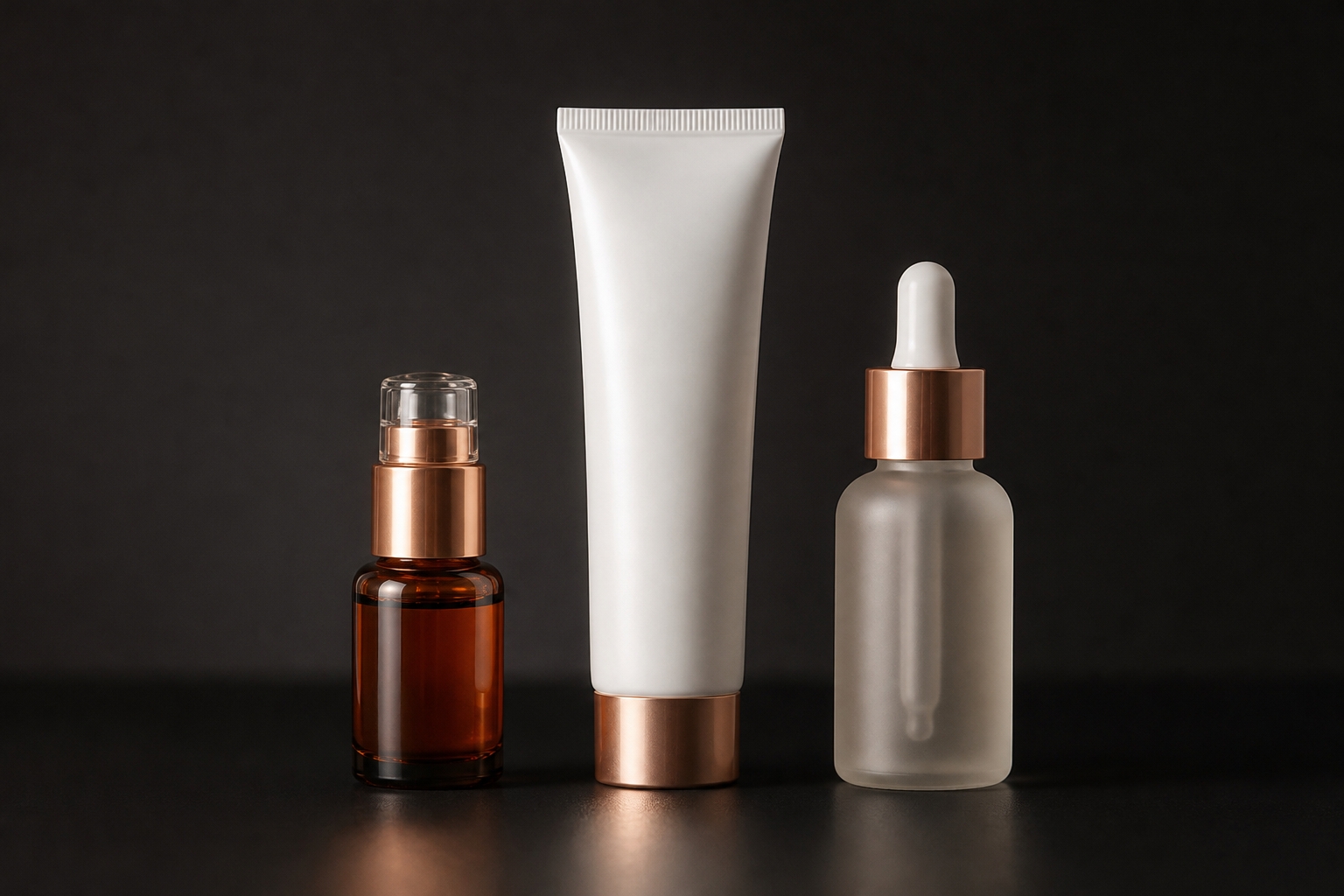Facial Cosmetics pigment, numbing cream and aftercare serum on charcoal